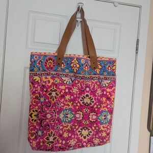 Vibrant Extra Large Pink and Blue Floral Tote Bag With Leather Straps
